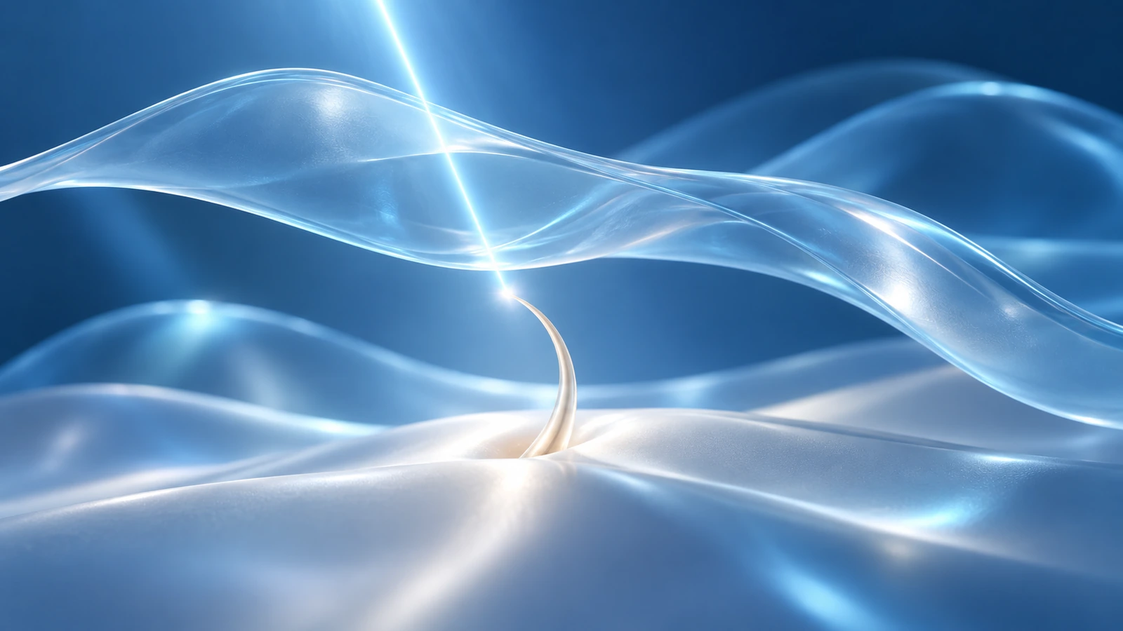 Faisceau de lumière fin traversant une membrane translucide vers un petit filament central.