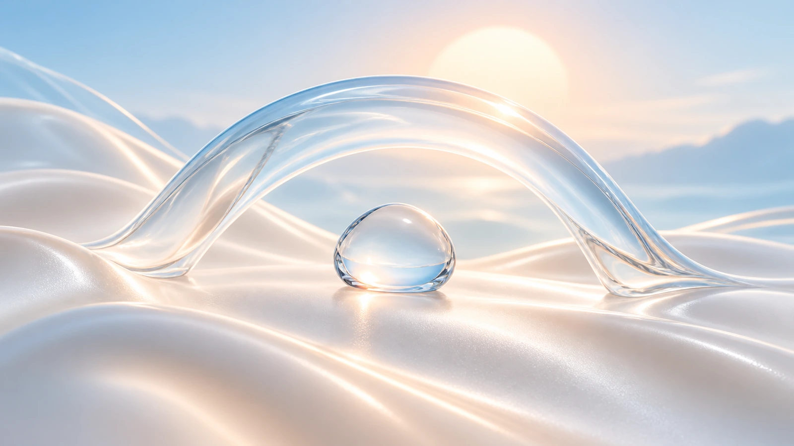 Arche translucide, goutte d’eau et halo solaire doux dans des tons bleu ciel et nacrés.