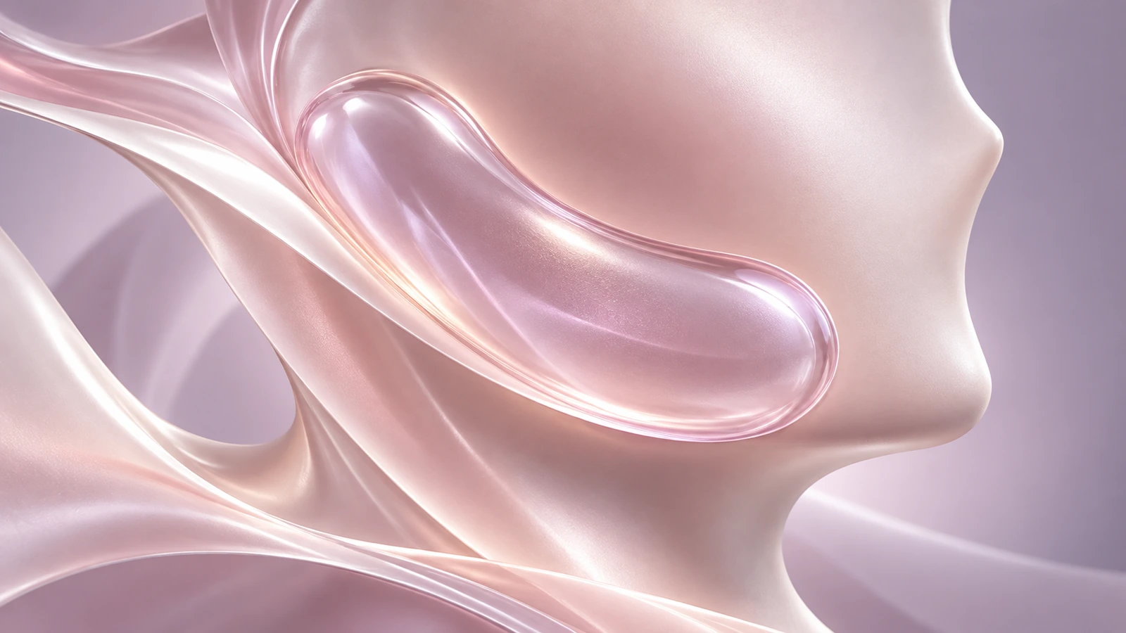 Volume translucide épousant une joue stylisée, dans des tons rosés et nacrés.