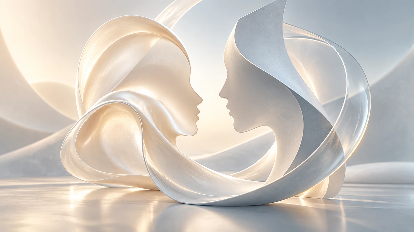 Deux profils de visage abstraits réunis dans une sculpture satinée beige et bleu-gris.