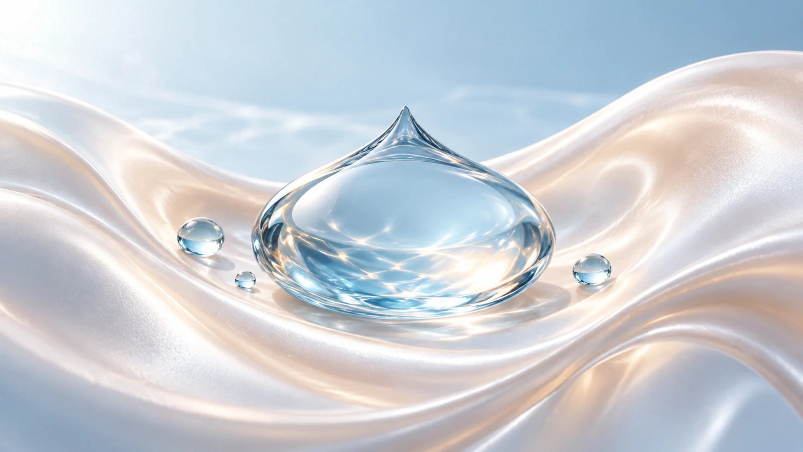 Goutte translucide et perles d’eau dans une vague nacrée évoquant l’hydratation de la peau.