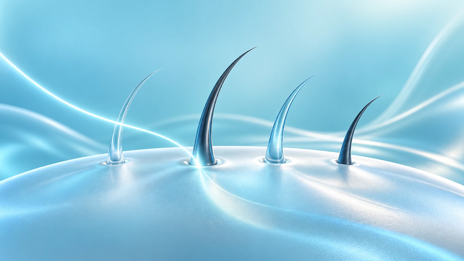 Filaments courbes de différentes formes et lumière ciblée sur une surface satinée turquoise.