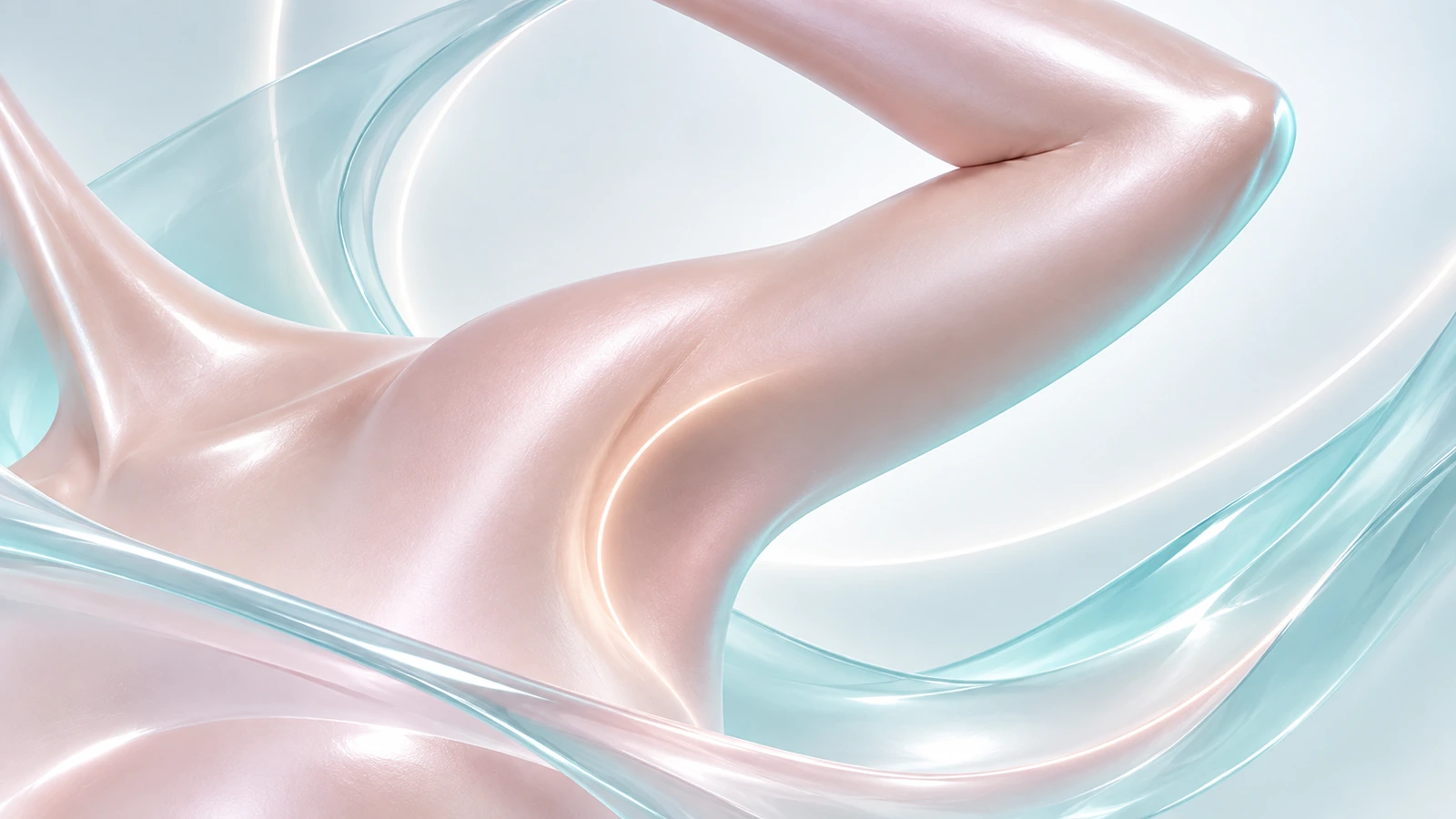 Bras relevé et creux de l’aisselle stylisés en satin rose pâle, avec des courbes turquoise.
