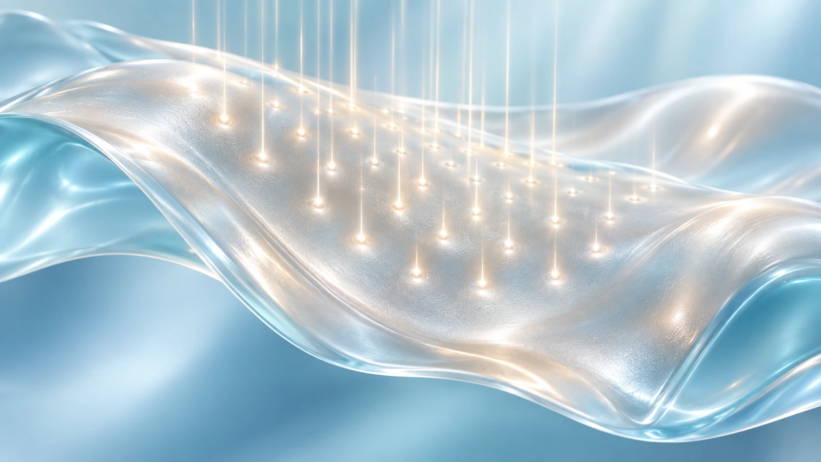 De fins faisceaux lumineux forment des points espacés sur une surface nacrée ondulée, illustration du laser fractionné.