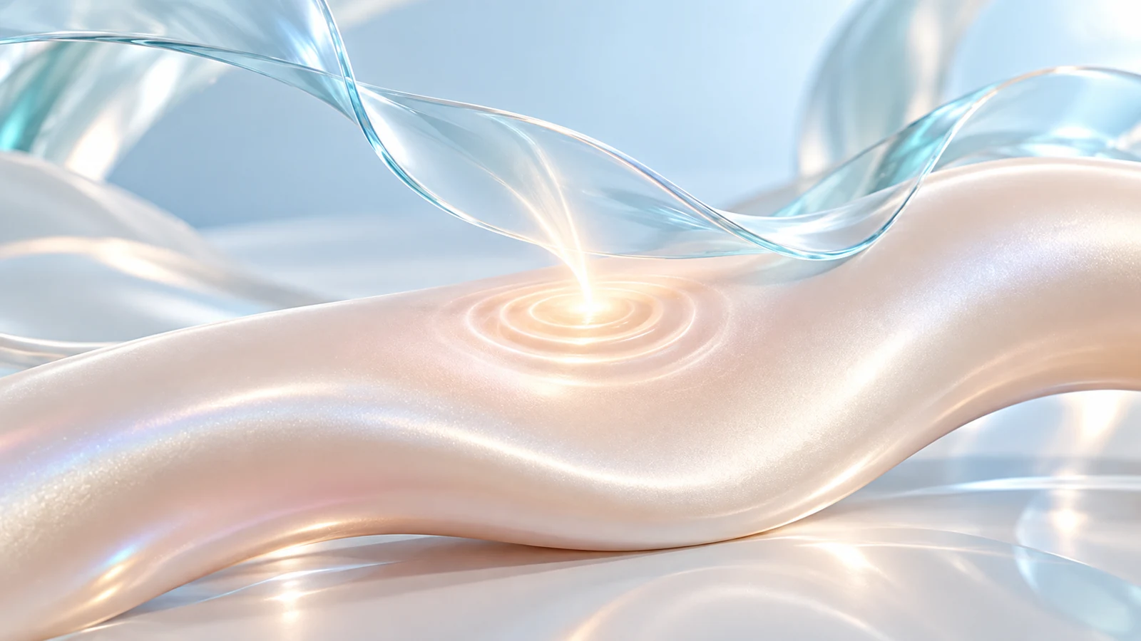Une impulsion lumineuse sur une surface nacrée, entourée d’un ruban bleu évoquant le refroidissement de la peau