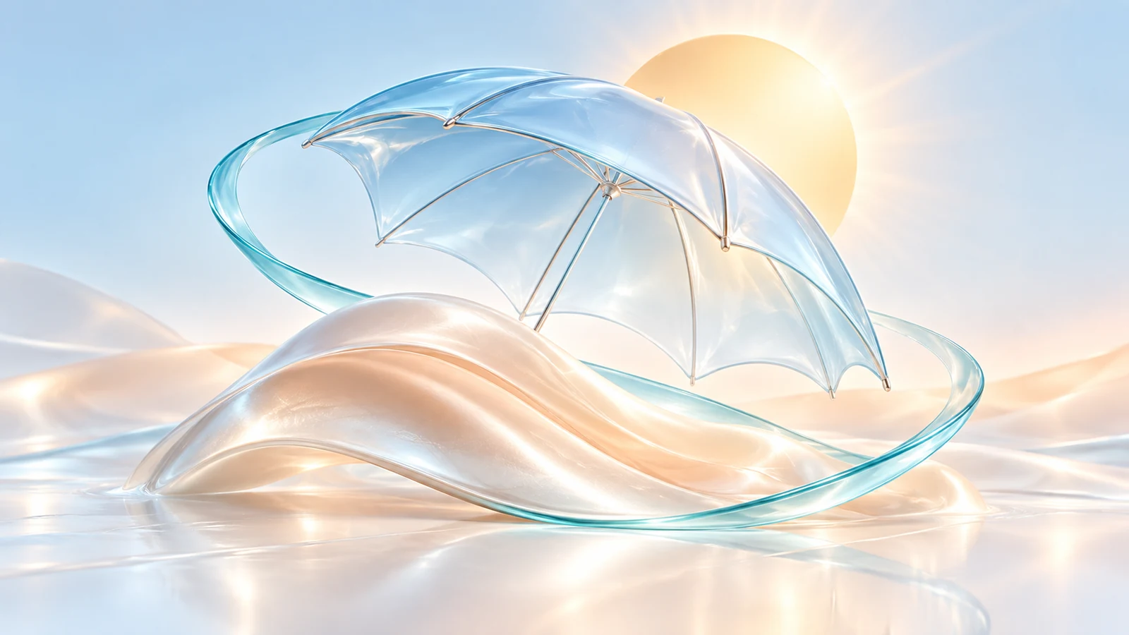 Illustration nacrée : une ombrelle translucide protège une forme évoquant la peau sous le soleil