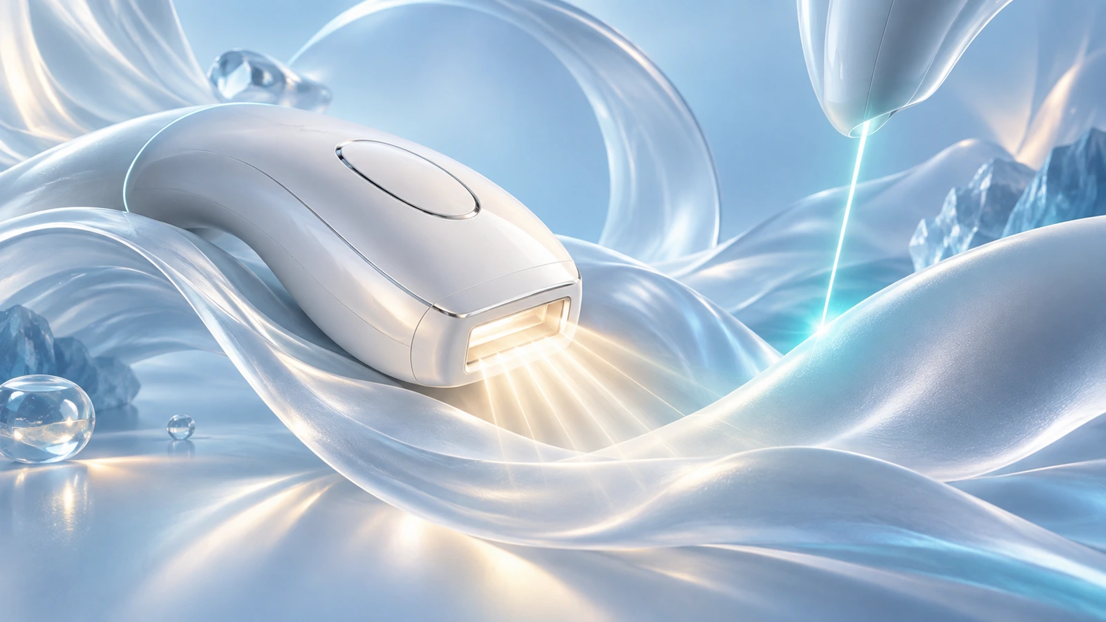 Appareil IPL domestique stylisé et faisceaux de lumière parmi des formes satinées bleu glacier.