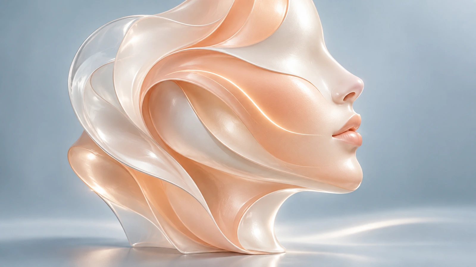 Profil de visage sculpté en matières pêche et nacrées, éclairé par une fine ligne lumineuse.