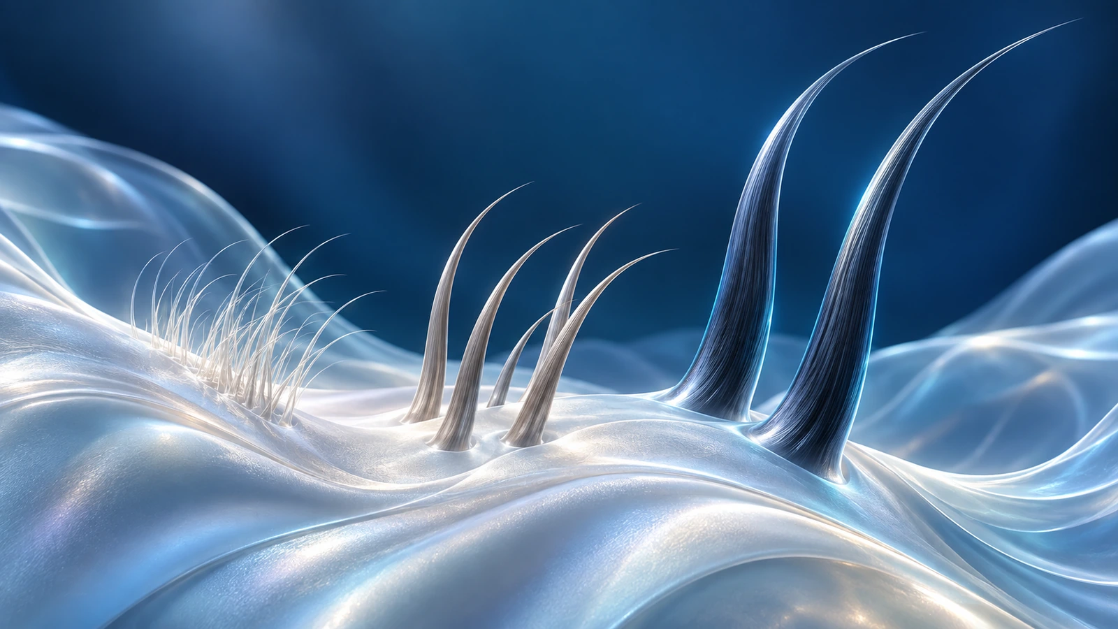 Trois groupes de poils stylisés, du duvet clair aux poils épais foncés, sur une surface nacrée bleutée.
